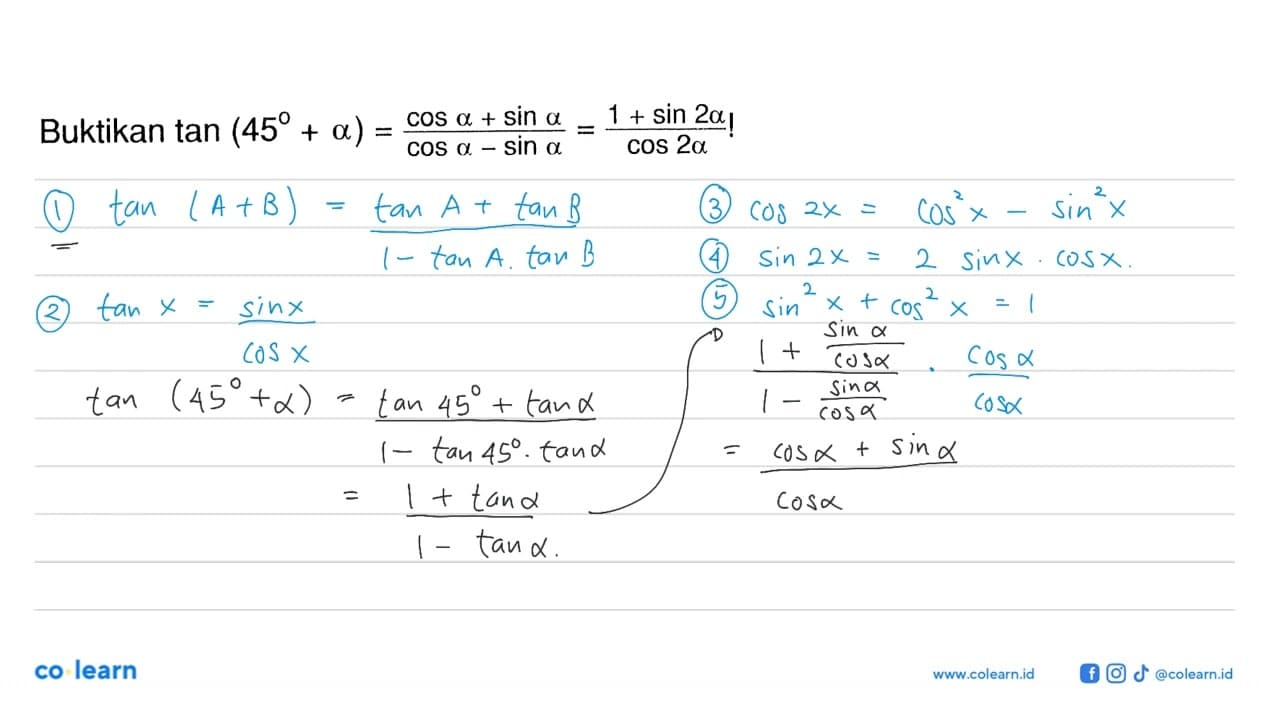 Buktikan tan (45 + a) = (cos a + sin a)/(cos a - sin