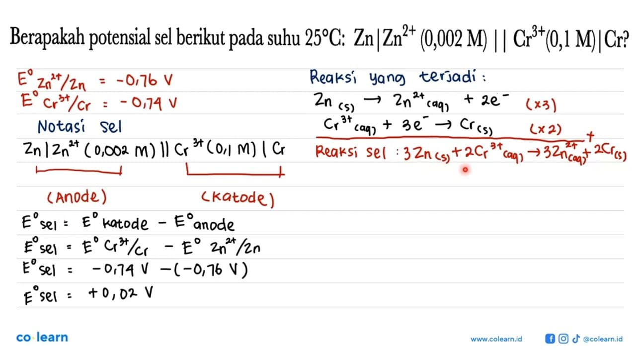 Berapakah potensial sel berikut pada suhu 25 C: Zn |