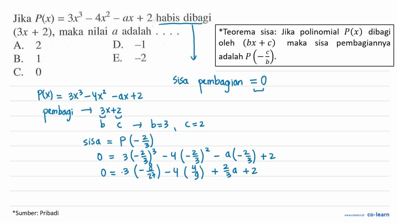 Jika P(x)=3x^3-4x^2-ax+2 habis dibagi (3x+2), maka nilai a