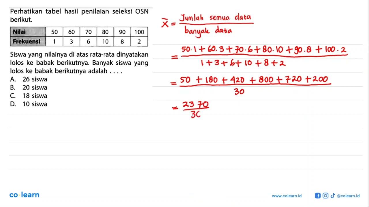 Perhatikan tabel hasil penilaian seleksi OSN berikut. Nilai