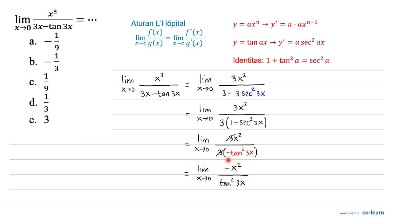 lim _(x -> 0) (x^(3))/(3 x-tan 3 x)=..