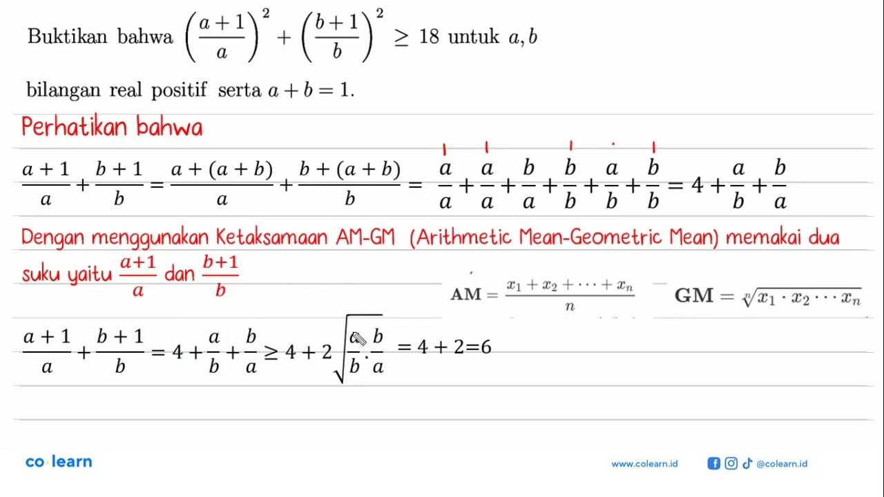 Buktikan bahwa ((a+1)/a)^2+((b+1)/b)^2>=18 untuk a, b