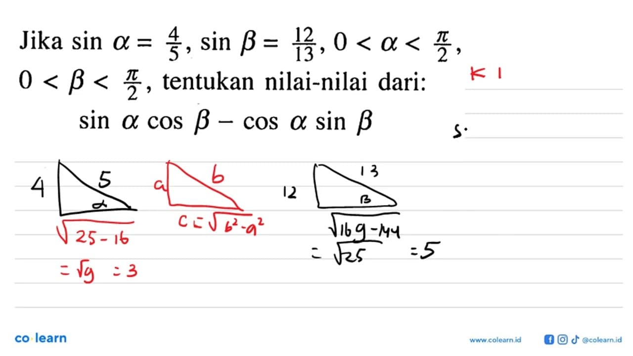 Jika sin alpha=4/5, sin beta=12/13, 0<alpha<pi/2,