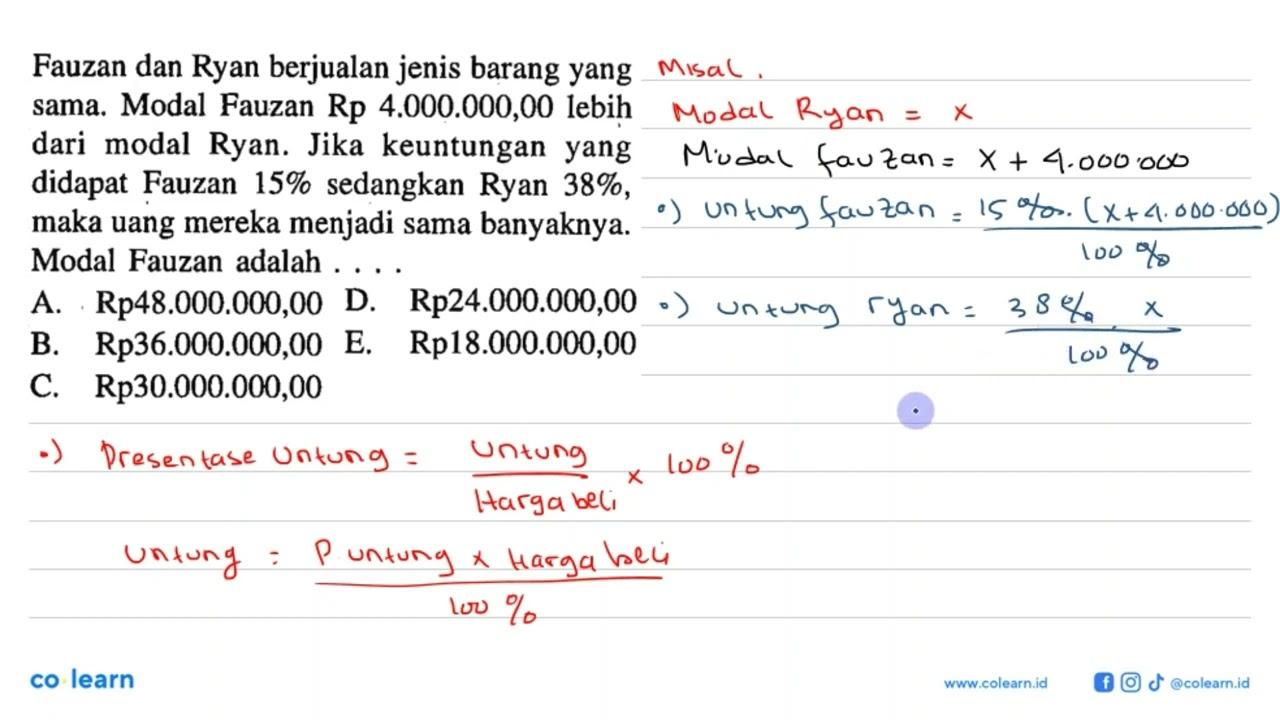 Fauzan dan Ryan berjualan jenis barang yang sama. Modal