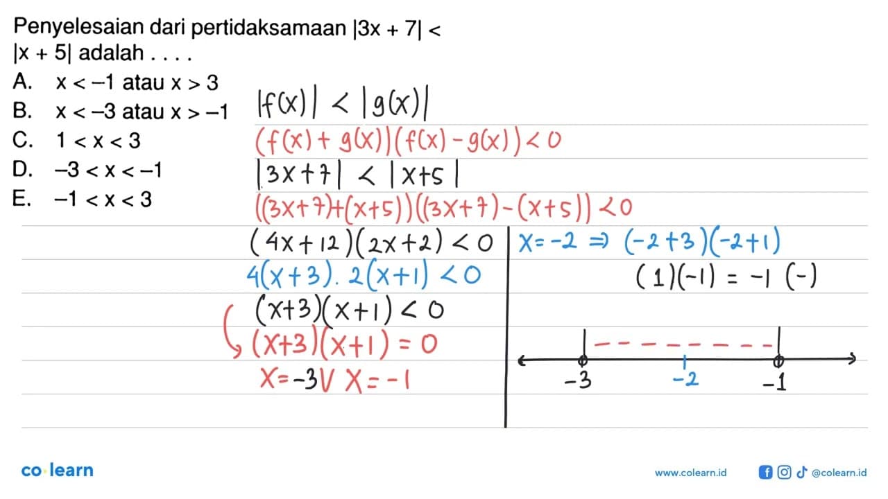 Penyelesaian dari pertidaksamaan |3x+7|<|x+5| adalah ....