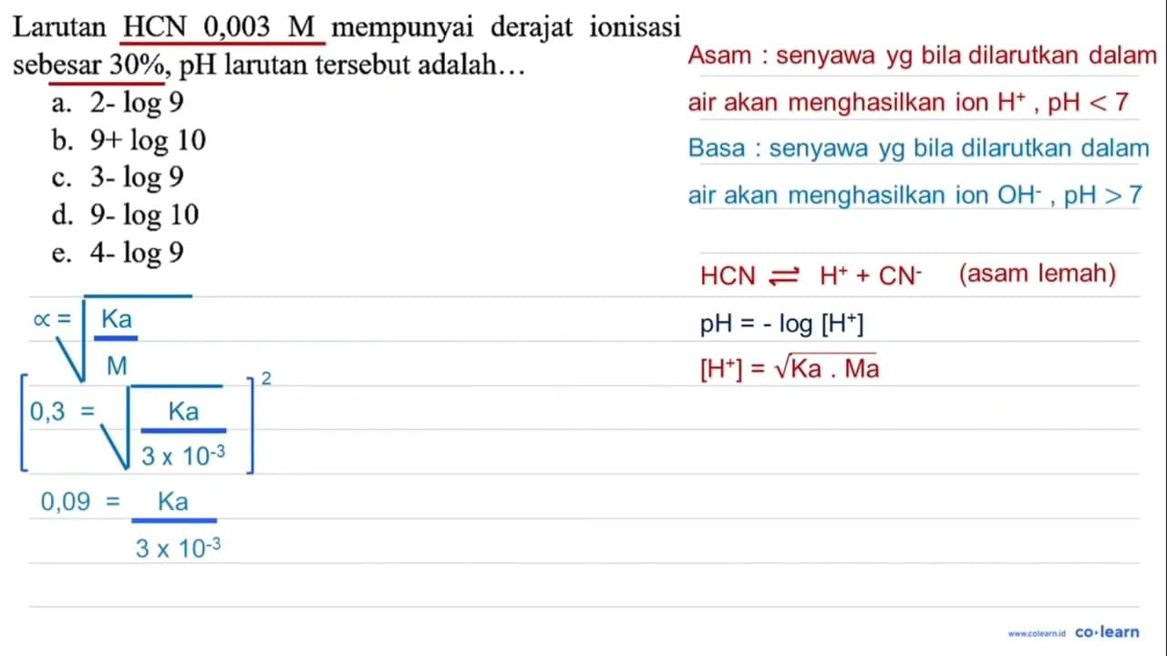 Larutan HCN 0,003 M mempunyai derajat ionisasi sebesar 30 %