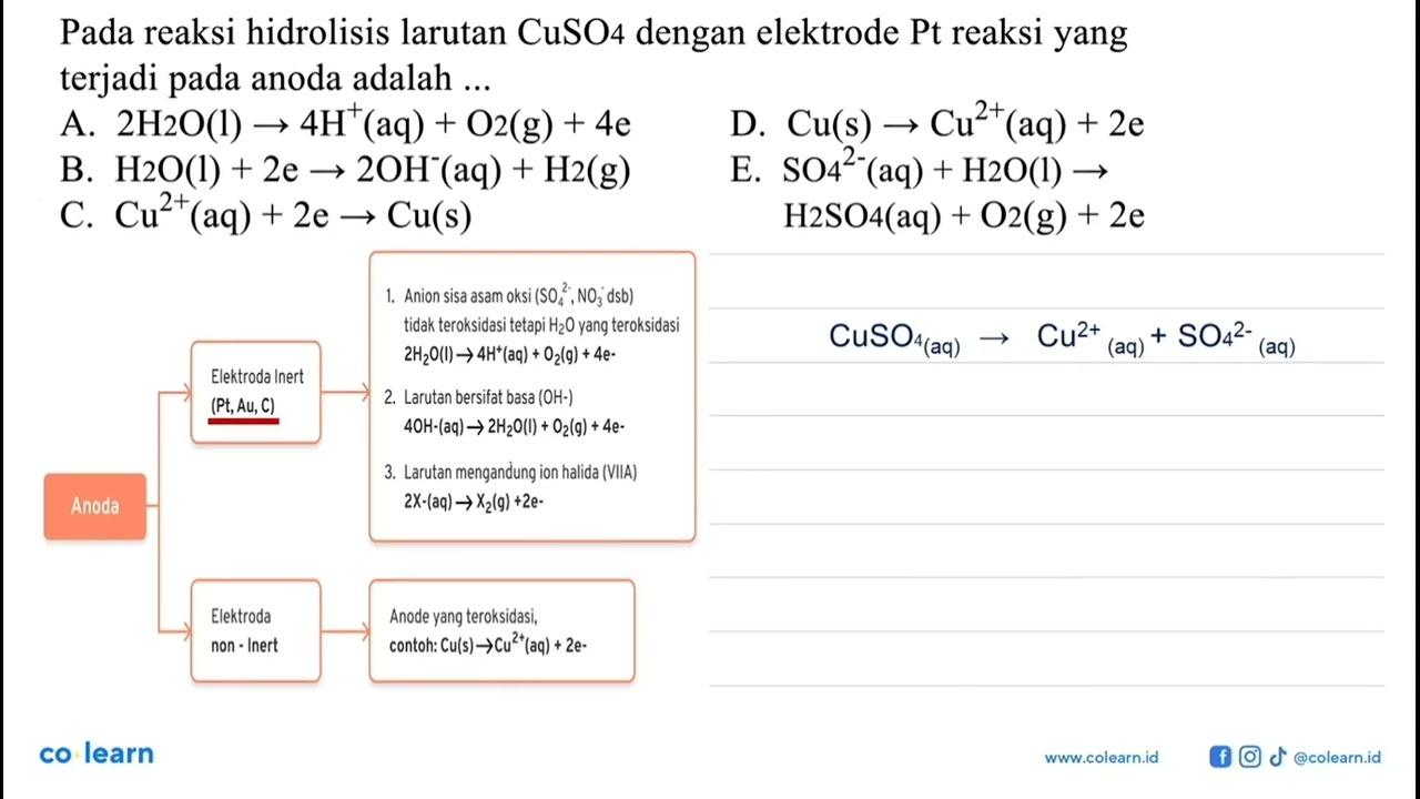 Pada reaksi hidrolisis larutan CuSO4 dengan elektrode Pt