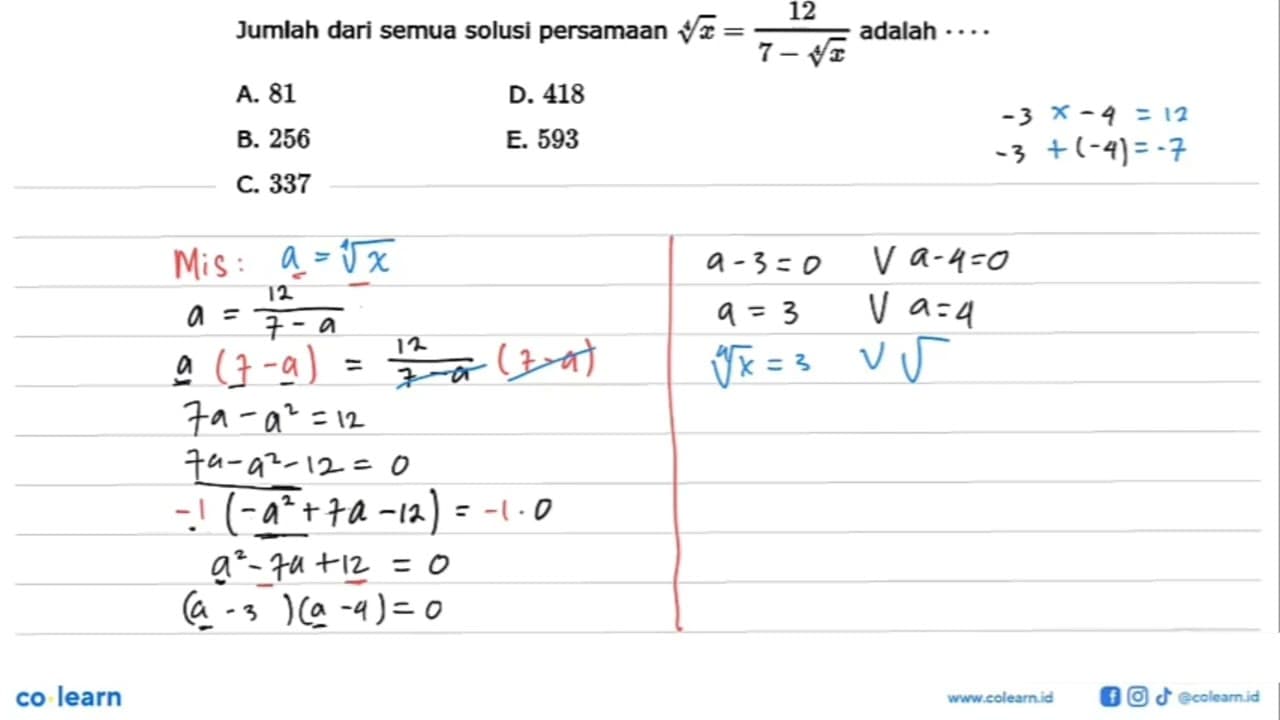 Jumlah dari semua solusi persamaan x^(1/4) = 12/(7 -