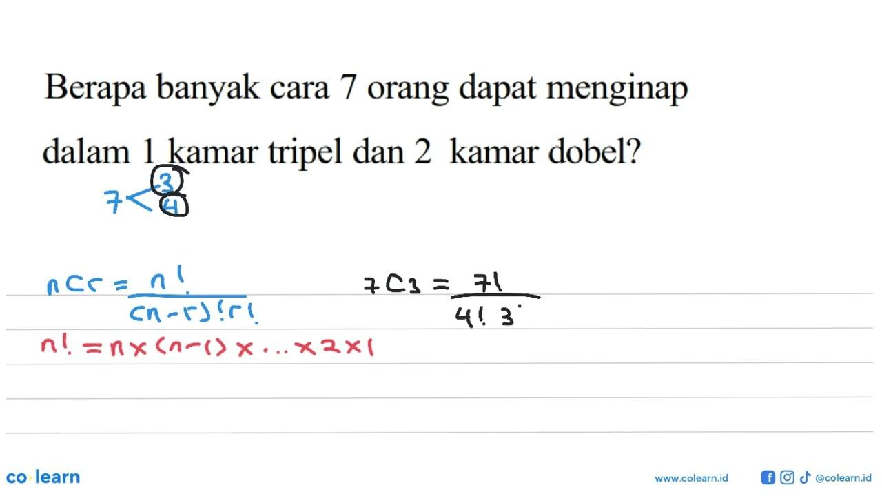 Berapa banyak cara 7 orang dapat menginap dalam 1 kamar