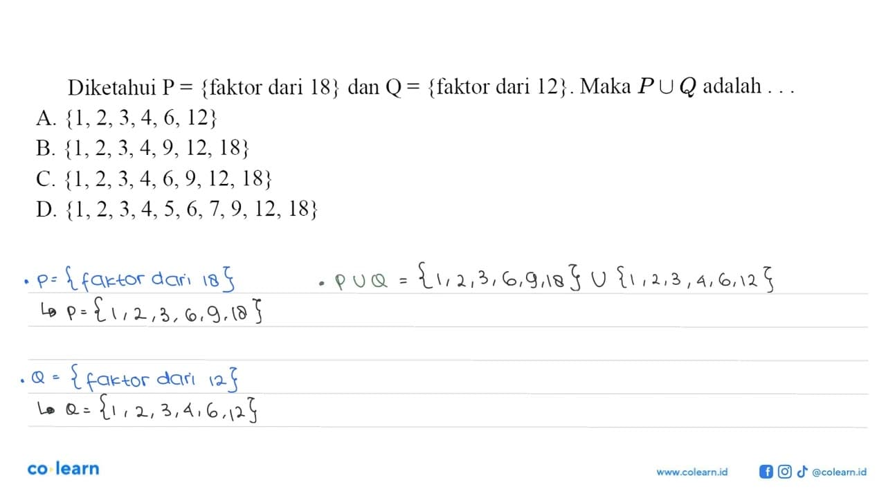 Diketahui P = {faktor dari 18} dan Q = faktor dari 12}.