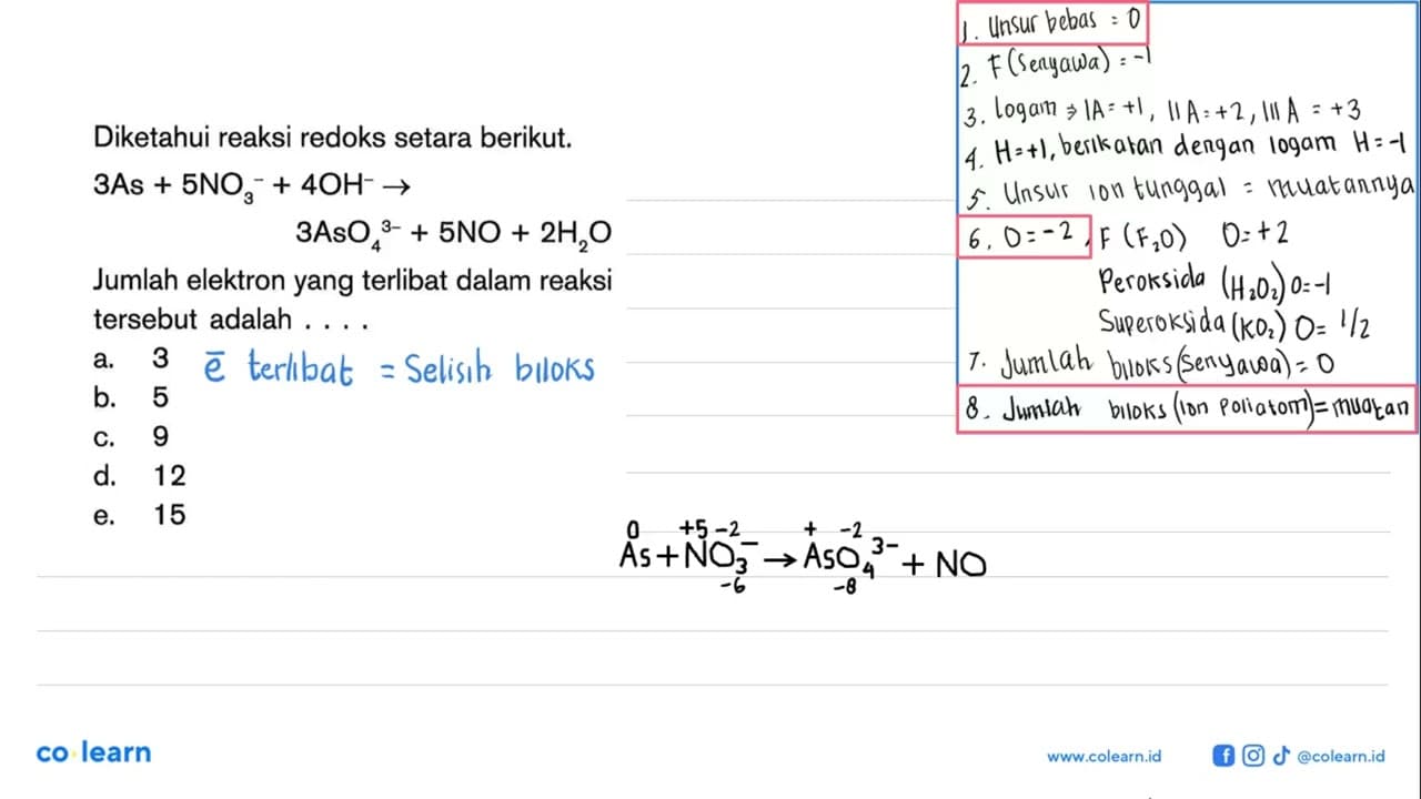 Diketahui reaksi redoks setara berikut; 3As + 5NO3^- +