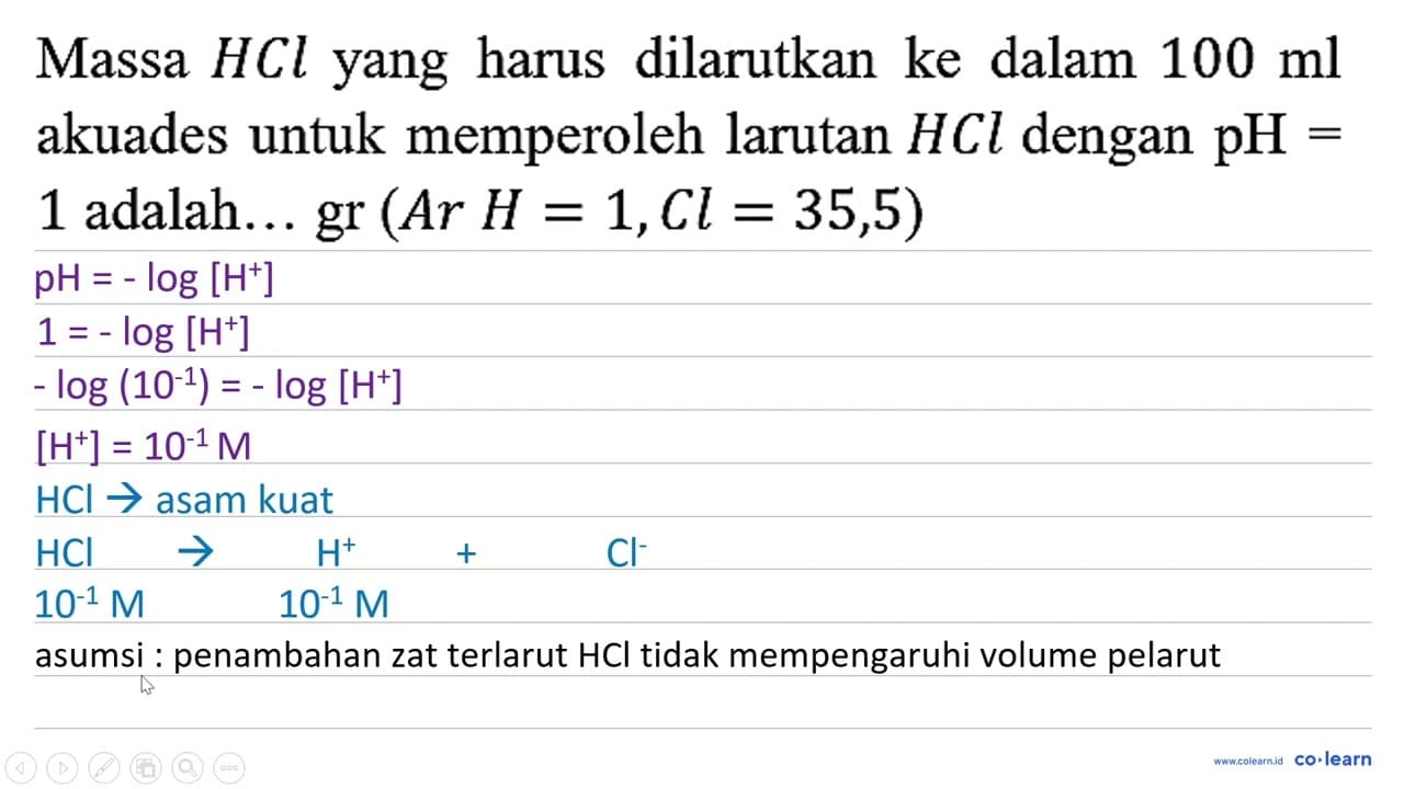 Massa HCl yang harus dilarutkan ke dalam 100 ml akuades