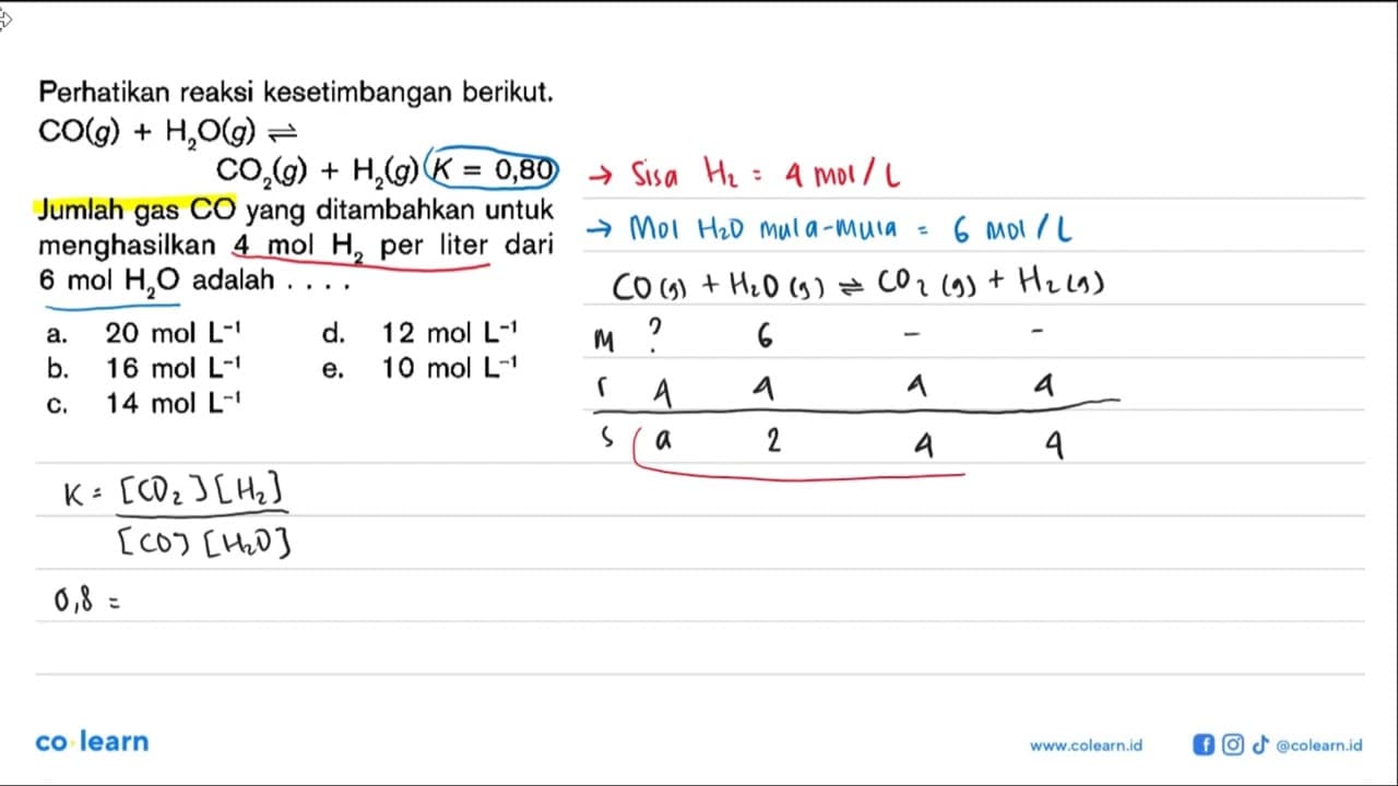 Perhatikan reaksi kesetimbangan berikut. CO(g) + H2O(g) <=>