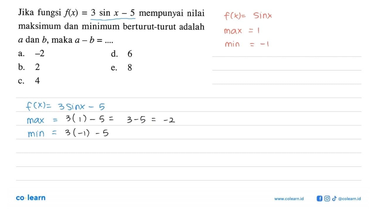 Jika fungsi f(x)=3 sin x-5 mempunyai nilai maksimum dan