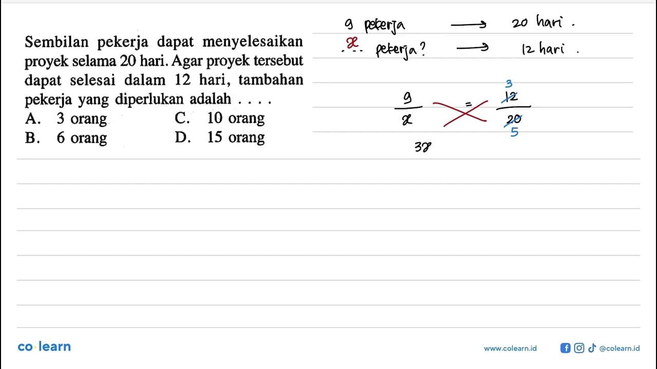 Sembilan pekerja dapat menyelesaikan proyek selama 20 hari.