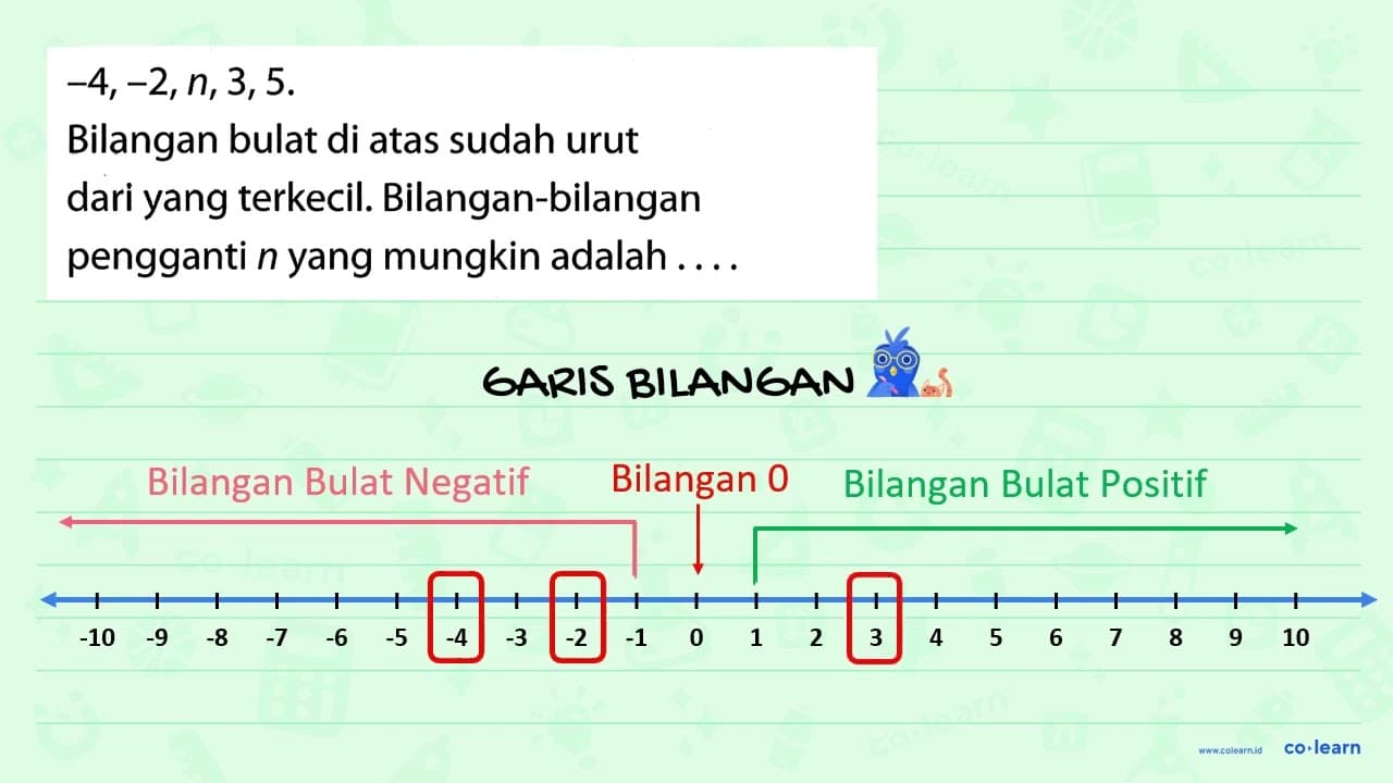 -4, -2, n, 3, 5. Bilangan bulat di atas sudah urut dari