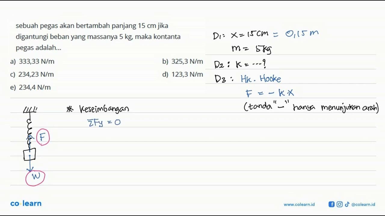 sebuah pegas akan bertambah panjang 15 cm jika digantungi