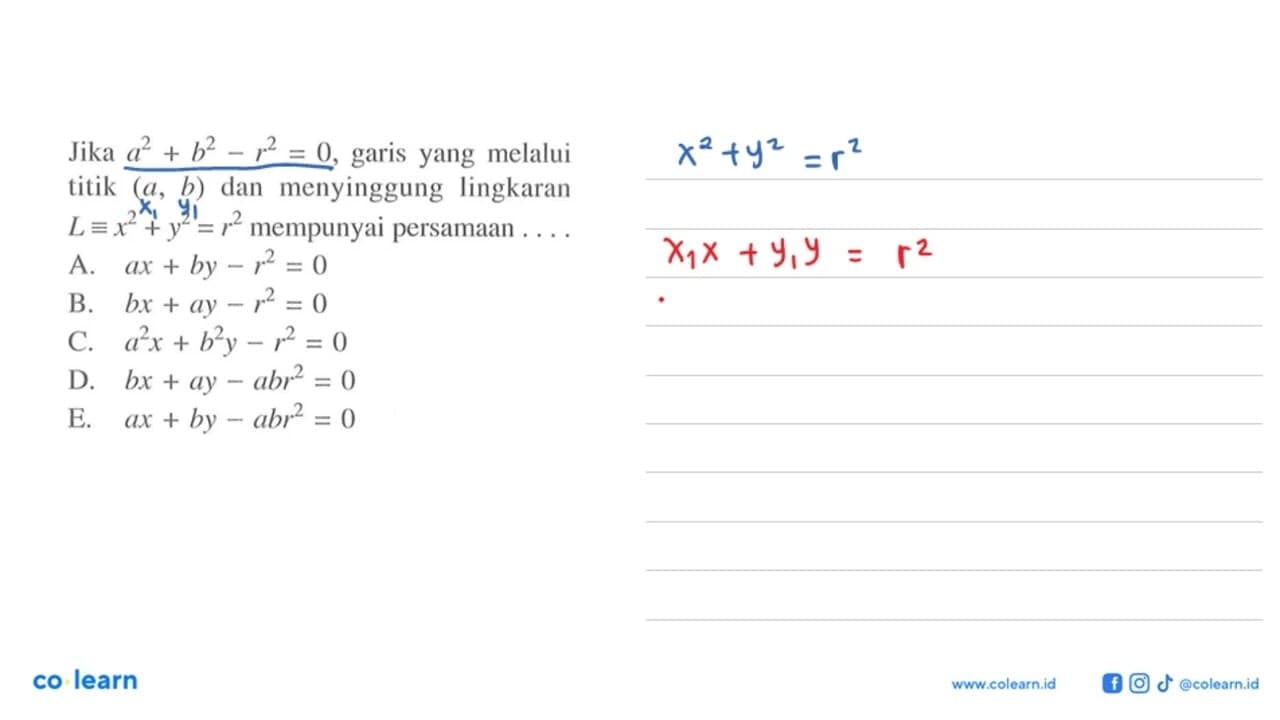 Jika a^2+b^2-r^2=0, garis yang melalui titik (a, b) dan