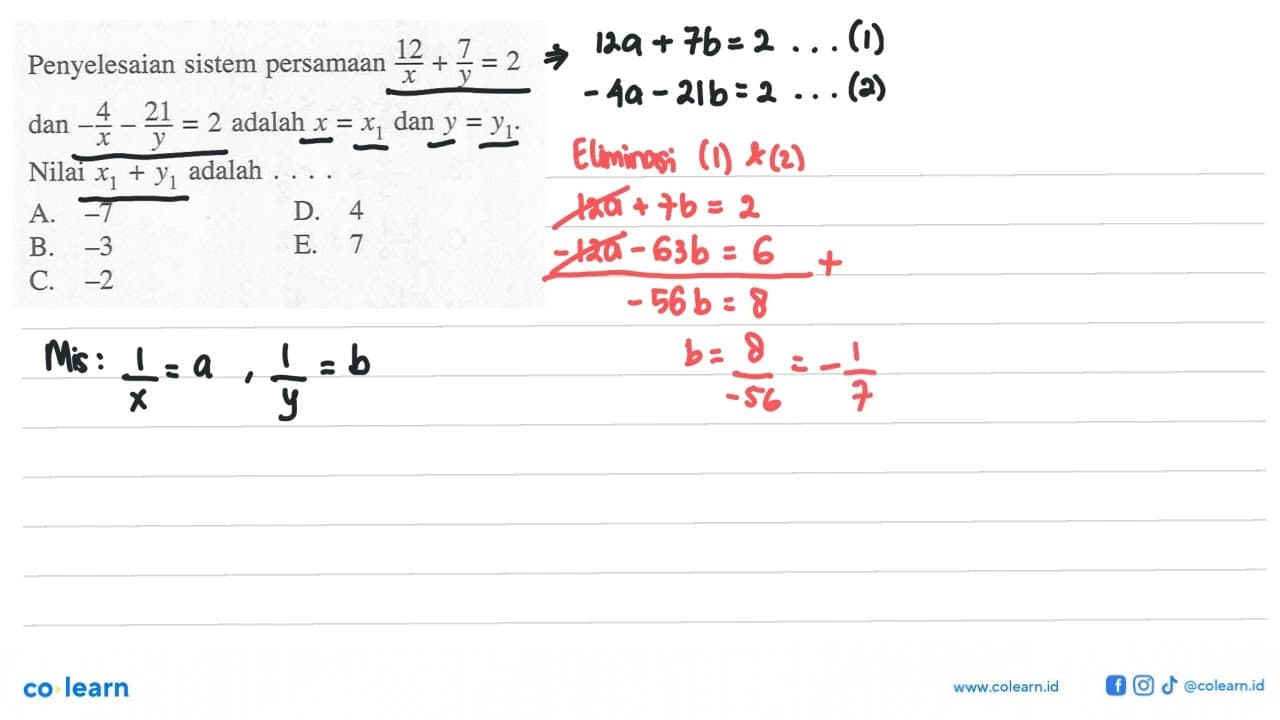 Penyelesaian sistem persamaan 12/x+7/y=2 dan -4/x-21/y=2