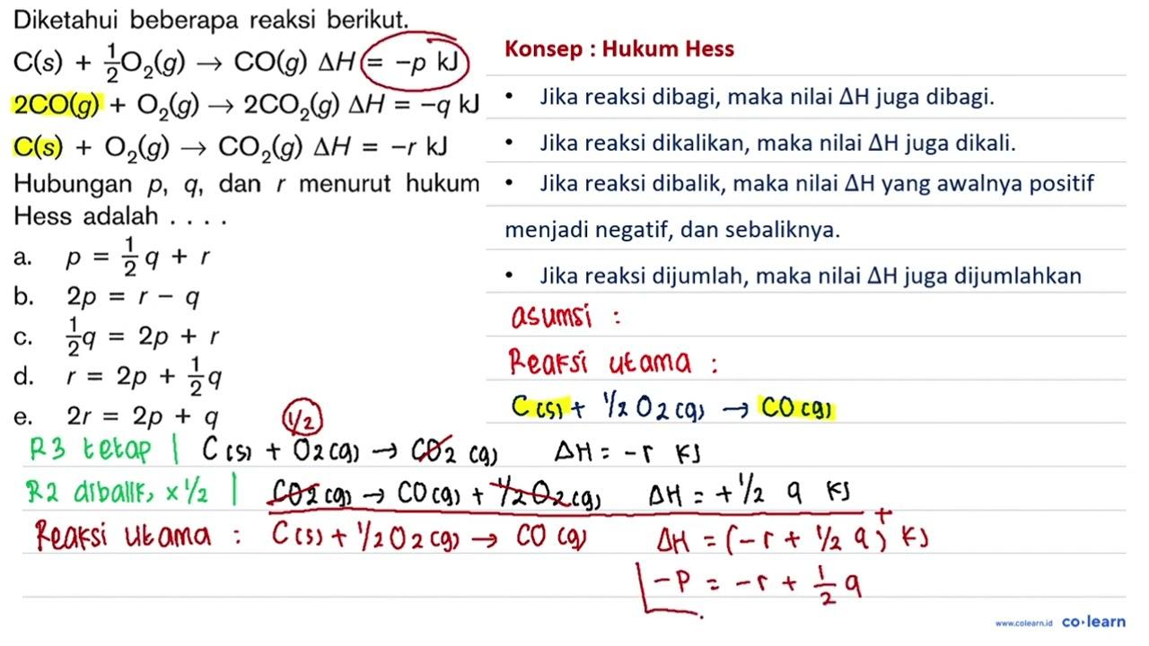 Diketahui beberapa reaksi berikut. C(s)+1/2 O2(g)<=>CO(g)