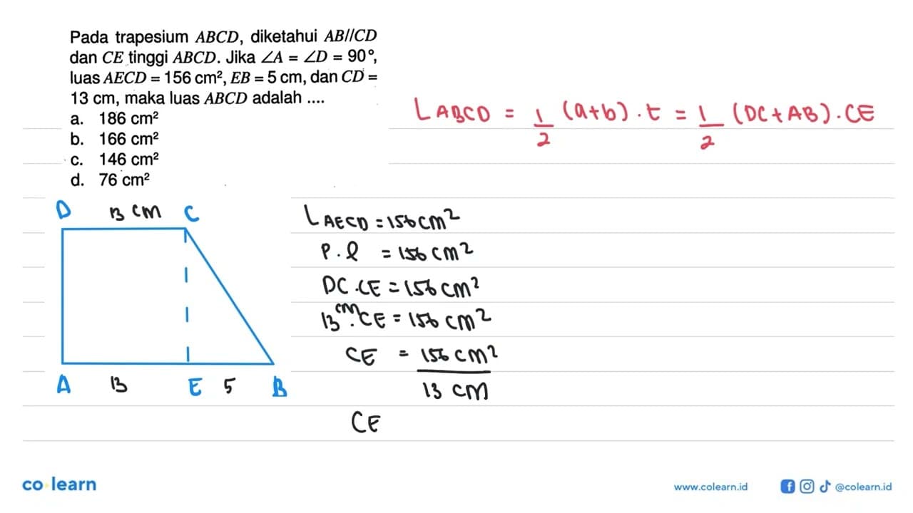 Pada trapesium ABCD , diketahui AB // CD dan CE tinggi ABCD