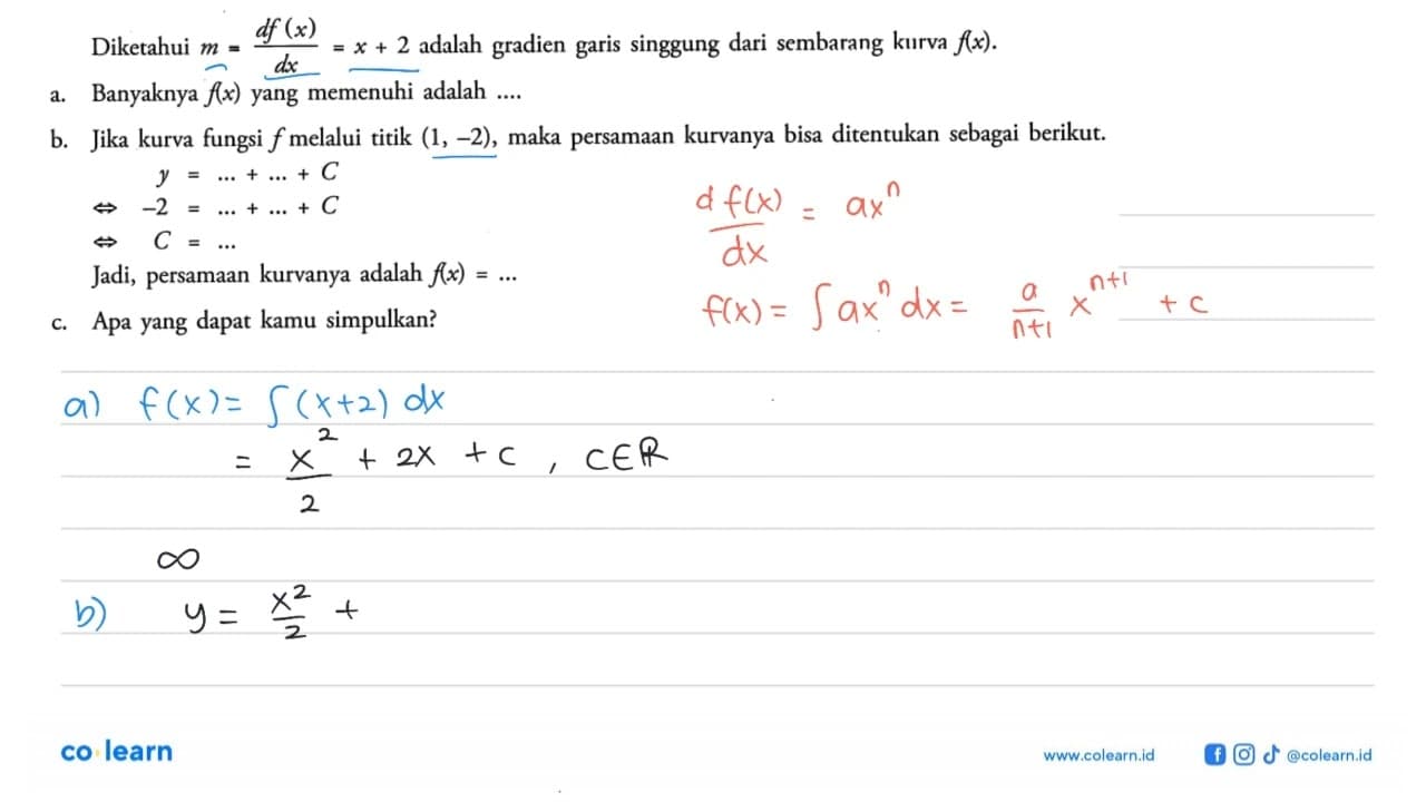 Diketahui m=df(x)/dx=x+2 adalah gradien garis singgung dari