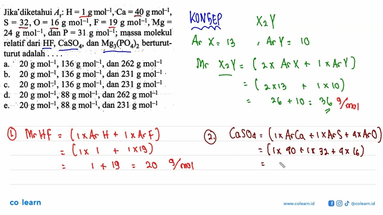 Jika diketahui Ar:H=1 g mol^(-1), Ca=40 g mol^(-1), S=32,