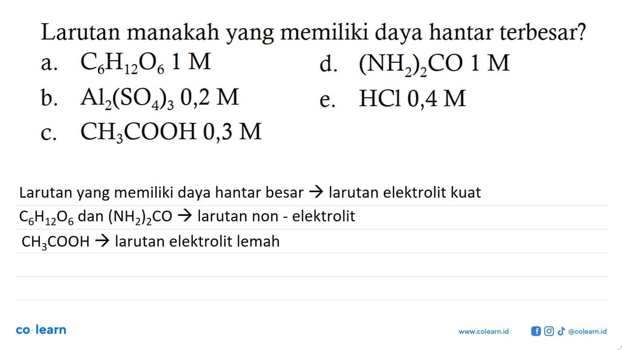 Larutan manakah yang memiliki daya hantar terbesar?