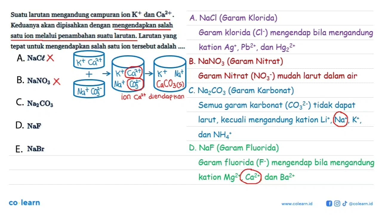 Suatu larutan mengandung campuran ion K^+ dan Ca^2+.