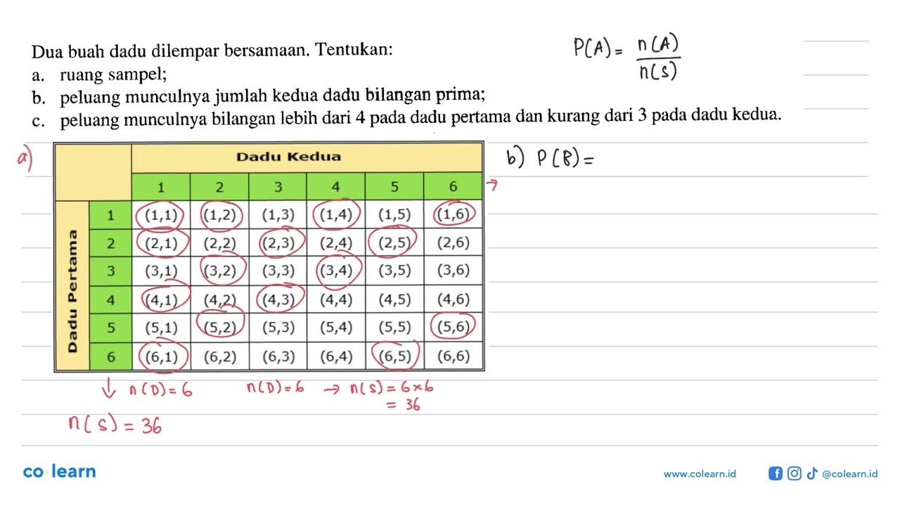 Dua buah dadu dilempar bersamaan. Tentukan:a. ruang