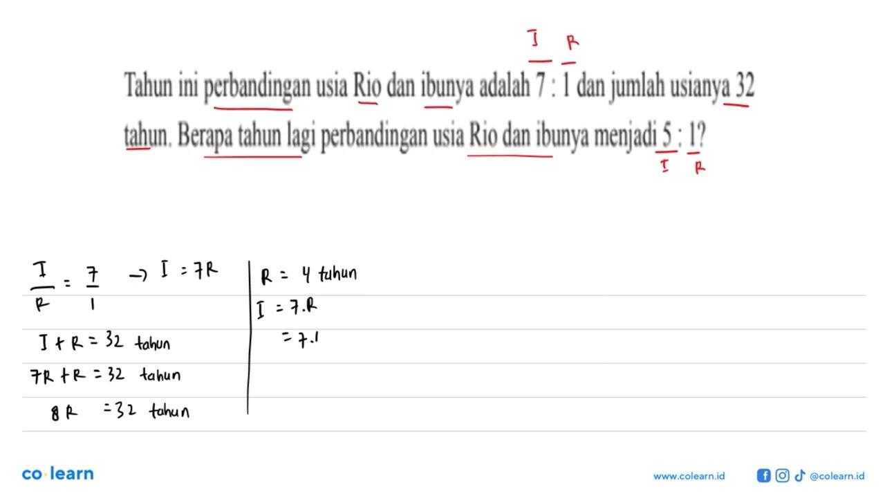 Tahun ini perbandingan usia Rio dan ibunya adalah 7:1 dan