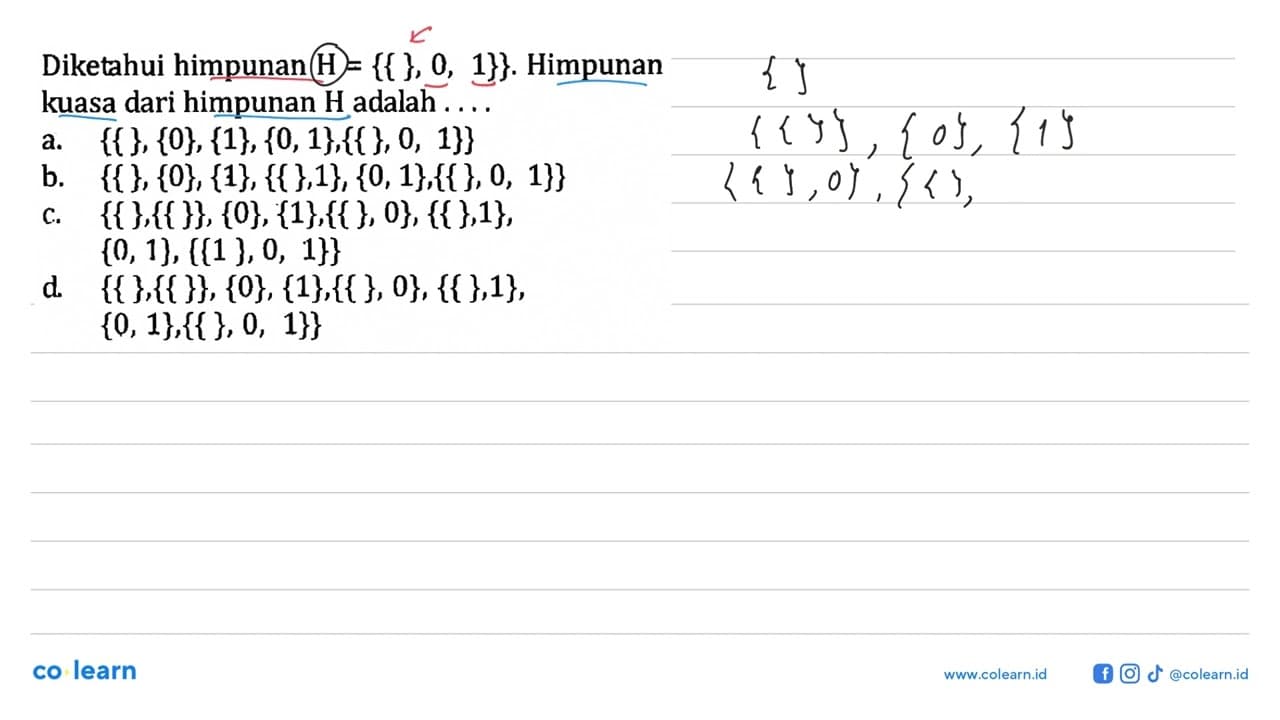 Diketahui himpunan H = {{ } 0, 1}} Himpunan kuasa dari