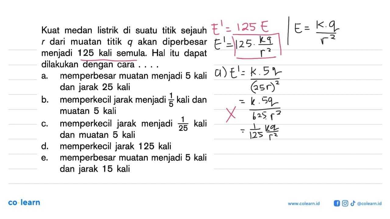 Kuat medan listrik di suatu titik sejauh r dari muatan