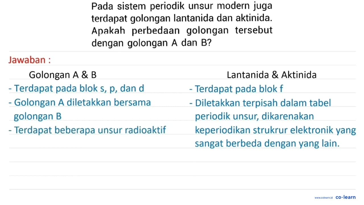 Pada sistem periodik unsur modern juga terdapat golongan