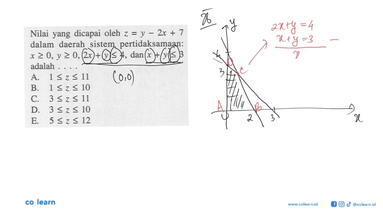 Nilai yang dicapai olehz=y-2x+7 dalam daerah sistem