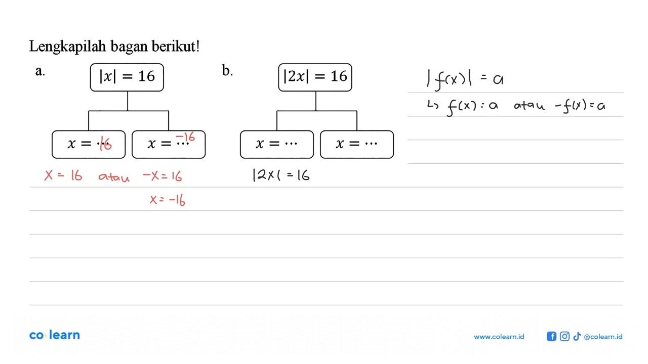 Lengkapilah bagan berikut! a. |x| = 16 x = ... x = ... b.