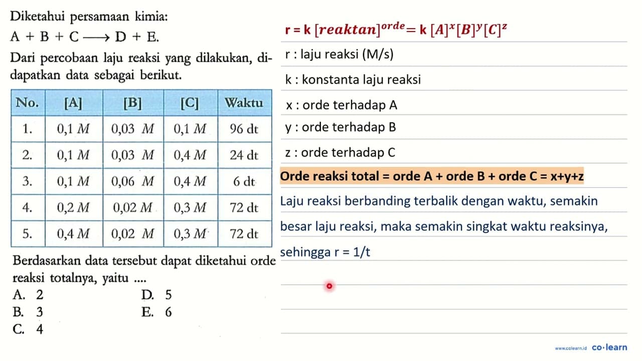 Diketahui persamaan kimia: A + B + C -> D + E Dari