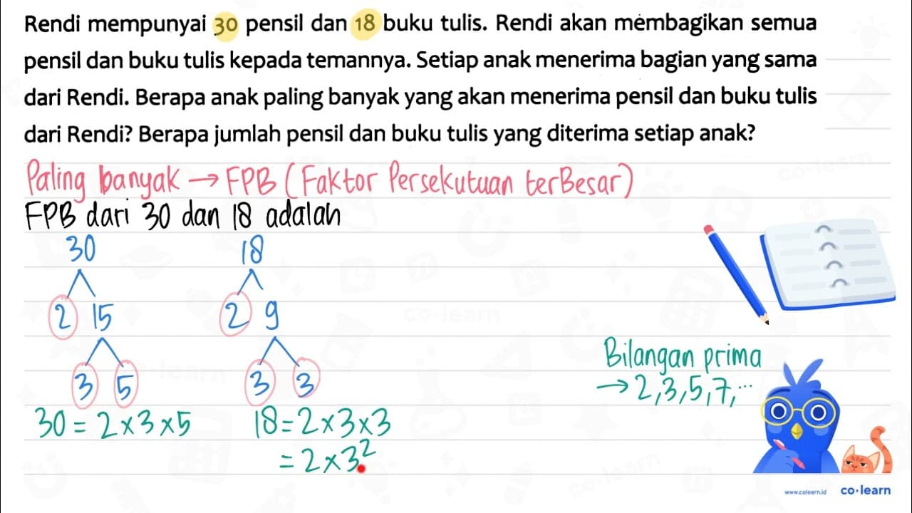 Rendi mempunyai 30 pensil dan 18 buku tulis. Rendi akan