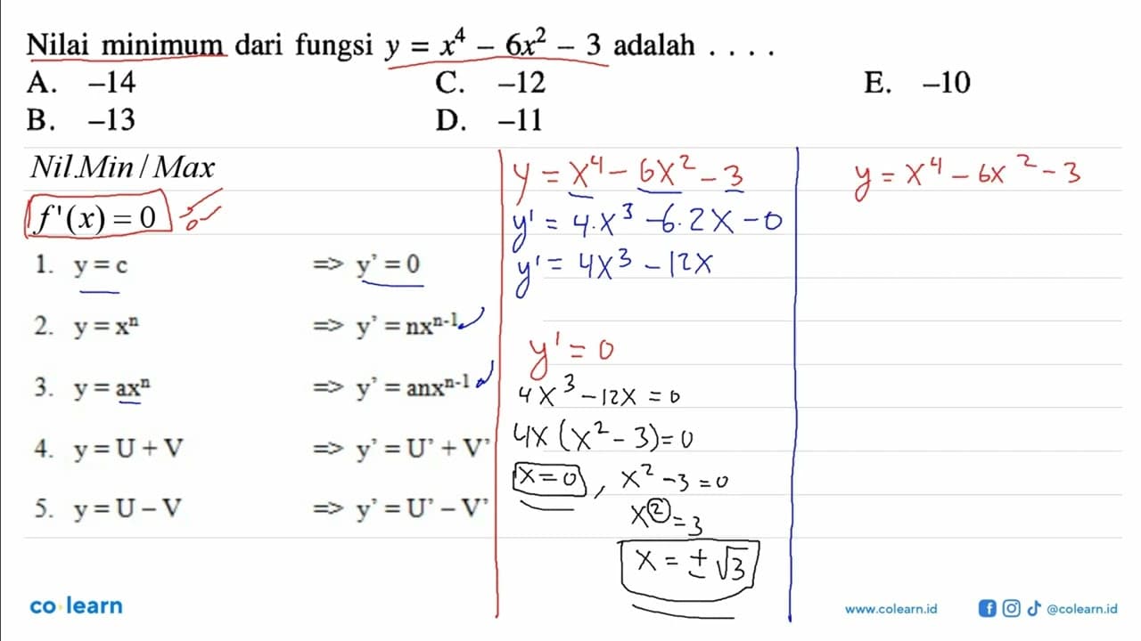 Nilai minimum dari fungsi y=x^4-6x^2-3 adalah ....