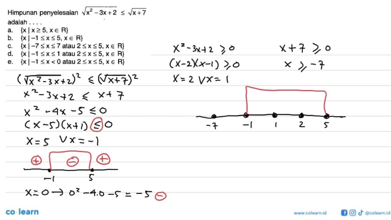 Himpunan penyelesaian akar(x^2-3x+2)<=akar(x+7) adalah ....