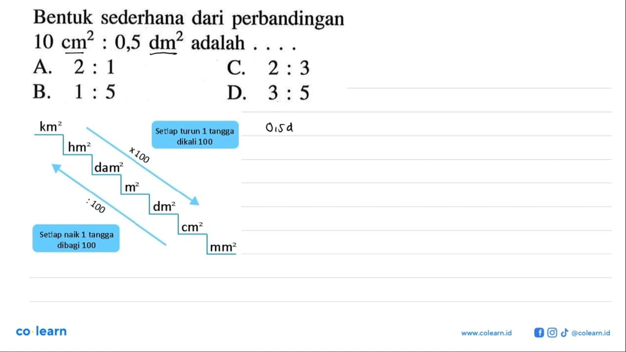 Bentuk sederhana dari perbandingan 10 cm^2 : 0,5 dm^2