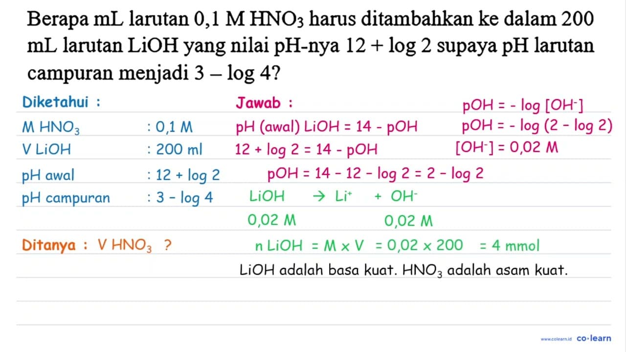 Berapa mL larutan 0,1 M HNO3 harus ditambahkan ke dalam 200