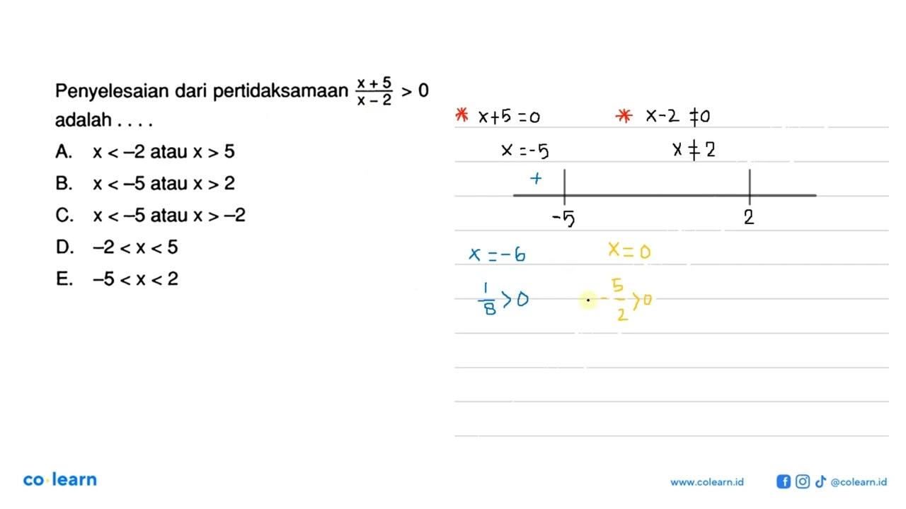 Penyelesaian dari pertidaksamaan (X +5)/(X-2) > 0 adalah