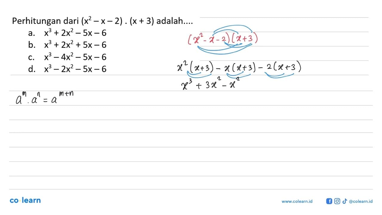 Perhitungan dari (x^2-x-2) (x+3) adalah....