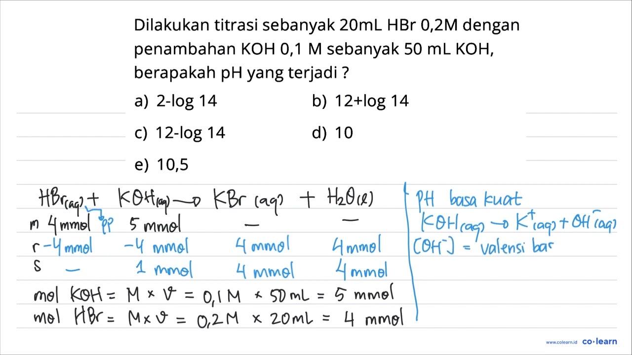 Dilakukan titrasi sebanyak 20 mL HBr 0,2 M dengan