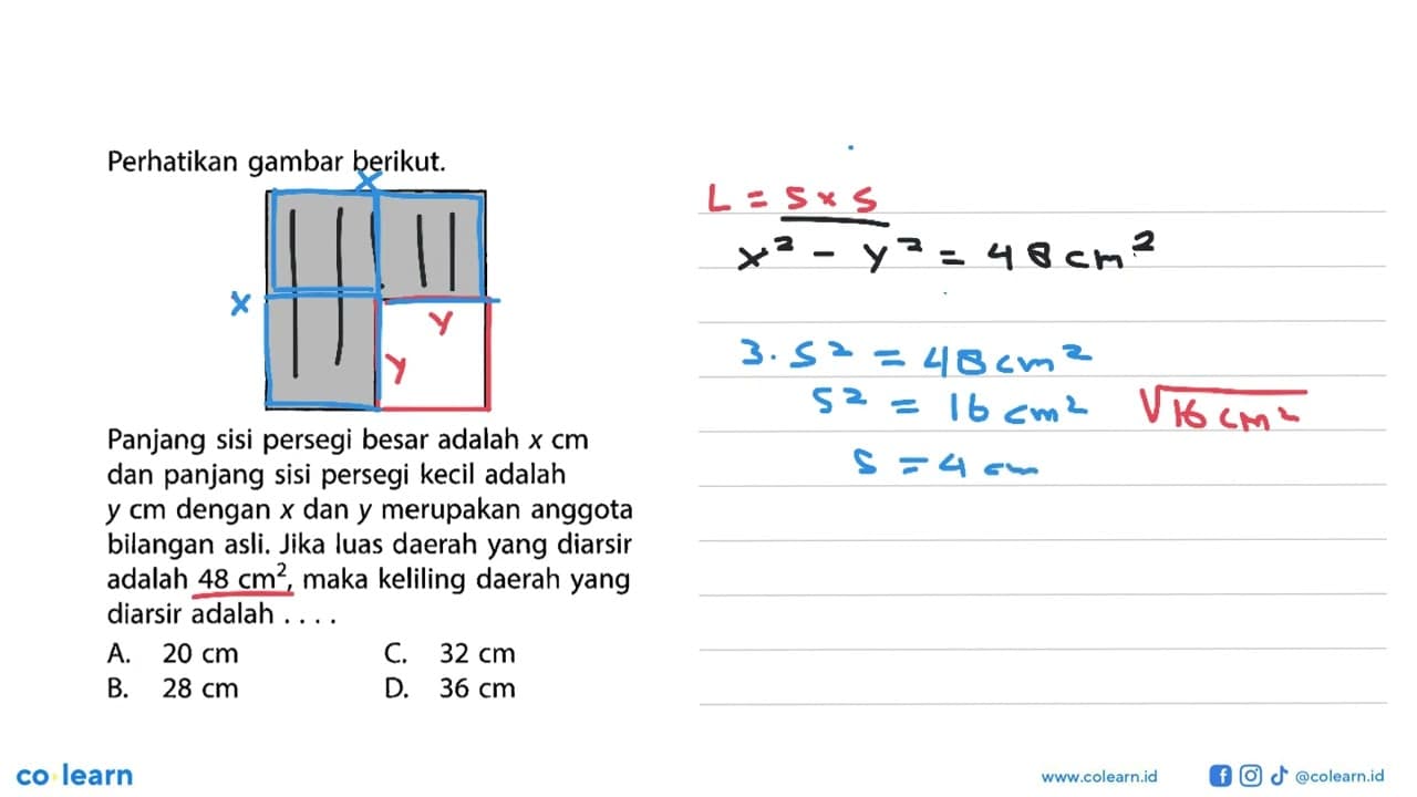 Perhatikan gambar berikut.Panjang sisi persegi besar adalah