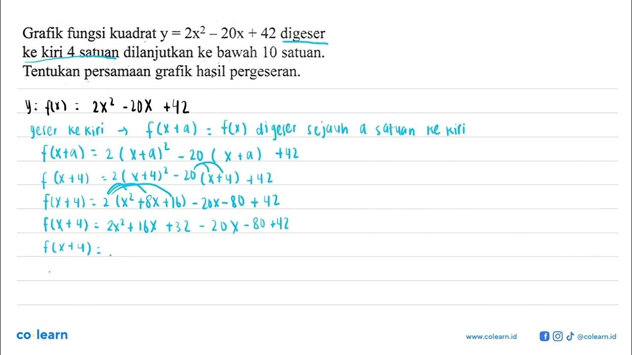 Grafik fungsi kuadrat y=2x^2-20x+42 digeser ke kiri 4