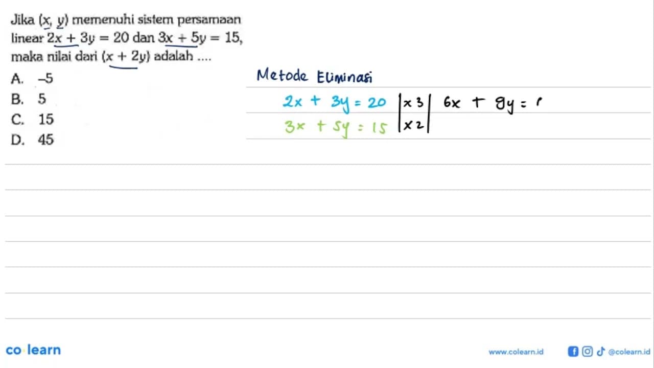 Jika (x,y) memenuhi sistem persamaan linear 2x+3y=20 dan