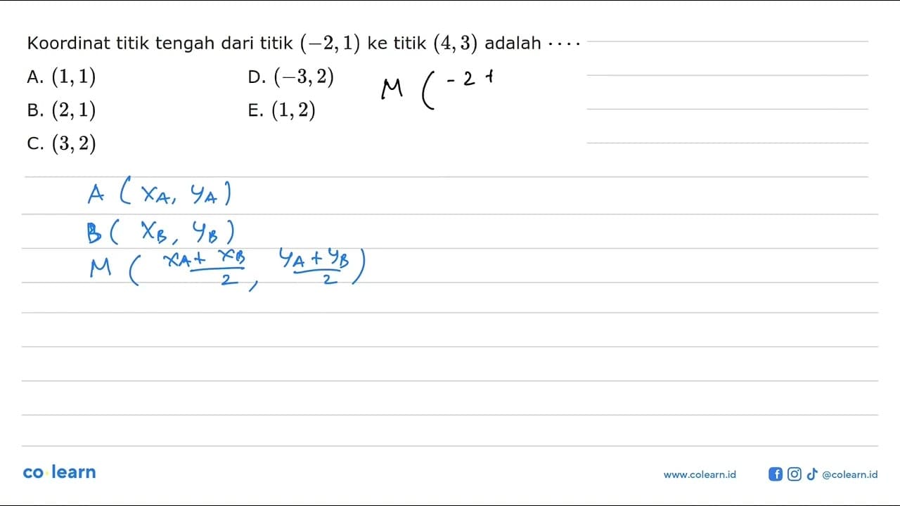 Koordinat titik tengah dari titik (-2, 1) ke titik (4, 3)