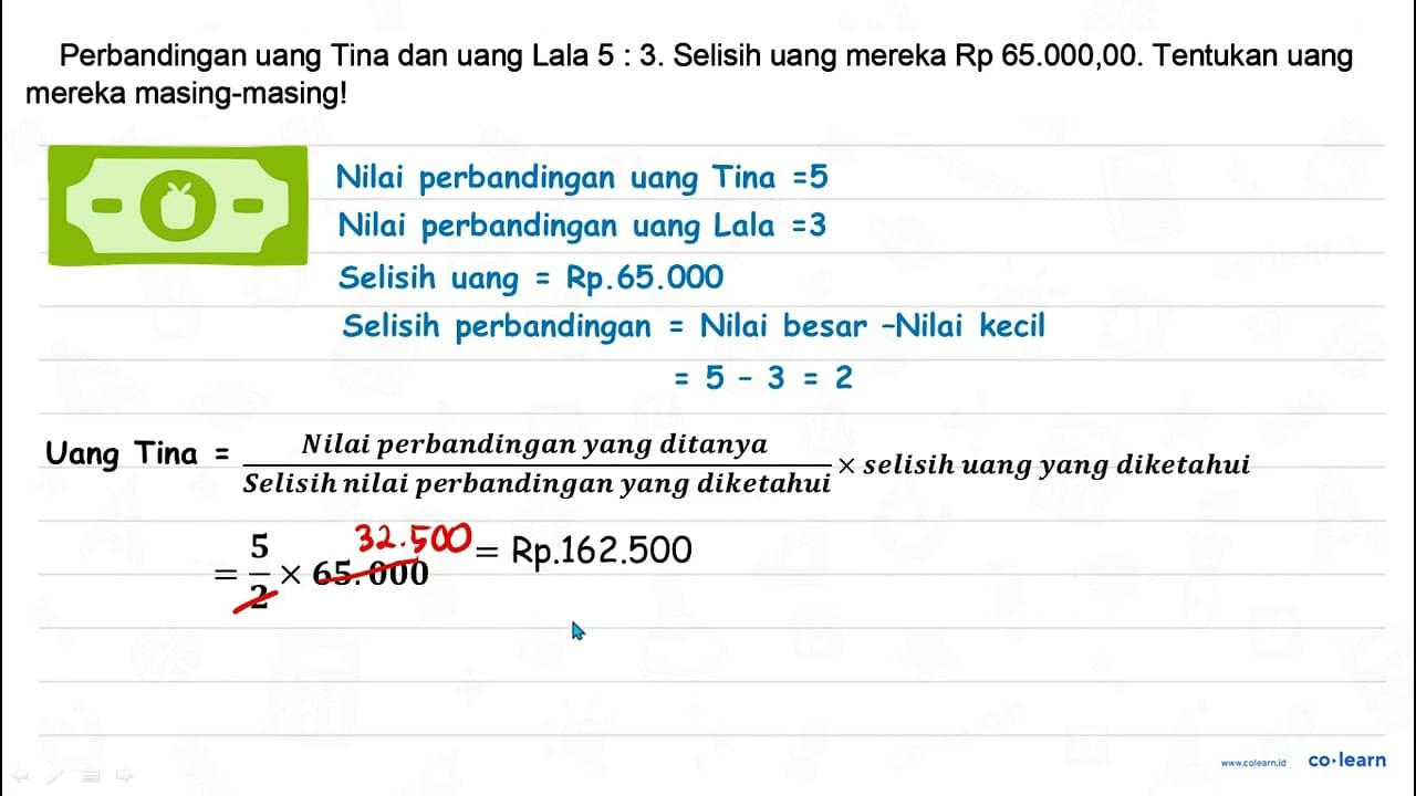 Perbandingan uang Tina dan uang Lala 5 : 3. Selisih uang